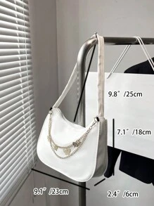 Bolso de hombro de nailon blanco impermeable, bolso versátil minimalista de diseño exquisito con cadena metálica de mariposa, práctico para el uso diario y las compras