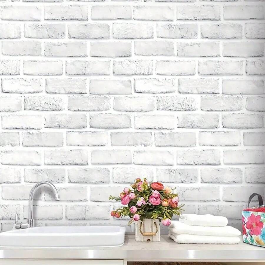 1 Roll Vintage Gray & White Brick Pattern Wallpaper, Self-Adhesive, 3D Brick Texture, Removable, Suitable For Bedroom, Living Room Decor, Size: 17.7" X 393.7"/196.8"/118.1"/39.3"