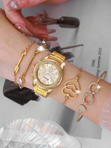 SOKI SOKI 1 Set Women's Fashion Casual Quartz Watch, Paired With Stylish Arrow Bracelet, Creative 8-Shaped Heart Diamond Bracelet Watch, Suitable For Daily Wear, Birthday Gift, Party, Holiday Gathering, Ideal Gift For Yourself Or Friends - Gold - View 4