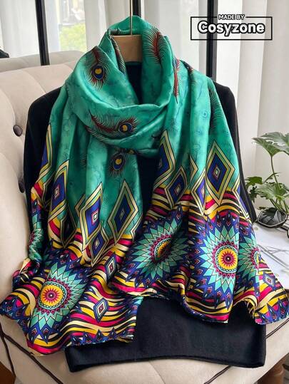 1pc Bohemian Style Feather-Printed Silk Scarf For Women, Beach Vacation Sunscreen Shawl, Fashionable Shawl