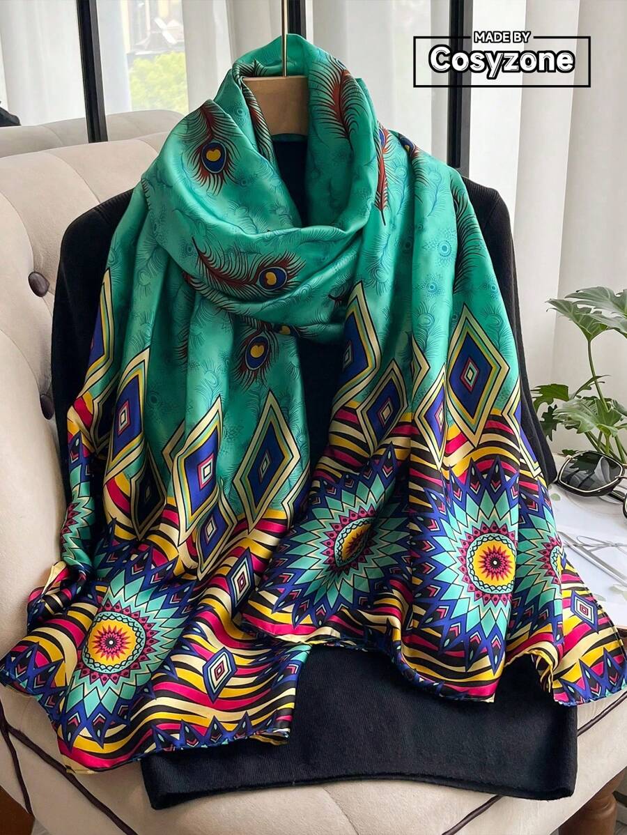 1pc Bohemian Style Feather-Printed Silk Scarf For Women, Beach Vacation Sunscreen Shawl, Fashionable Shawl