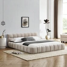 YOGLAD Queen Size Upholstered Bed Frame With Thick Fabric, Chenille Fabric Grounded Queen Size Platform Bed With Headboard And Solid Frame. No Box Spring Needed - 米色 - 查看 4