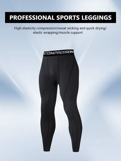 1pc Men's Plus Size Sports Compression Tights, Elastic Basketball Leggings, Track & Field Training Pants, Fitness Compression Base Layer