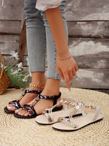 Sandalias estilo vintage con cuentas para mujer, chanclas planas trenzadas para uso casual y al aire libre, regalo de San Valentín