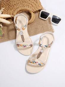 Sandalias estilo vintage con cuentas para mujer, chanclas planas trenzadas para uso casual y al aire libre, regalo de San Valentín