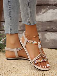 Sandalias estilo vintage con cuentas para mujer, chanclas planas trenzadas para uso casual y al aire libre, regalo de San Valentín