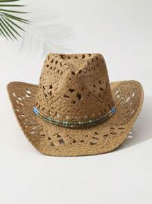 1pc Unisex Parel Decor Cowboyhoed Holle Gedrukt Cowgirl Hoed Lente Zomer Reizen Schaduw Strandhoed Strohoed Casual Zonnehoed