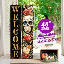 48in Welcome Sign | Dia De Los Muertos Sugar Skull Porch Sign | Vintage Day Of The Dead Decoration | Reversible Entryway Porch Decor - Nhiều màu - Xem 6