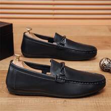 男士休閒套腳便鞋，輕便柔軟底部，PU皮革開車鞋 - 黑色 - 查看 3