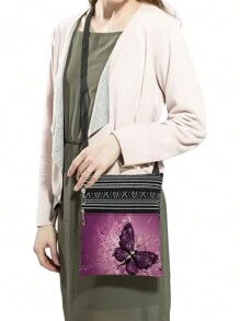 Beautiful Purple Butterfly Pattern Crossbody Bag, Unisex Reusable Shoulder Bag, Casual Versatile Messenger Bag, Kawaii Animal Print Storage Bag With Adjustable Strap, Convenient Shoulder Bag, Party Gift, Gift For Butterfly Lovers - Purple - View 3