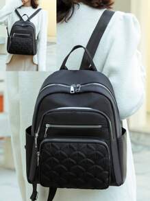 Quilted Zipper Backpack, Classic Rivet Decor Daily Backpack, Women Fashion School Bag - Black - View 4
