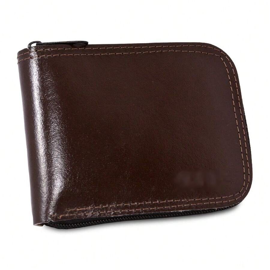 Carteira Masculina De Couro Legítimo Grande Com Fecho De Ziper - Café - Visão 1