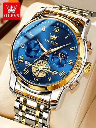 OLEVS. Reloj superior OLEVS para hombres, estilo de reloj de tourbillon de moda original, reloj de cuarzo a prueba de agua 3Bar, reloj deportivo con fase lunar, iluminación nocturna y cronógrafo, regalo para hombre