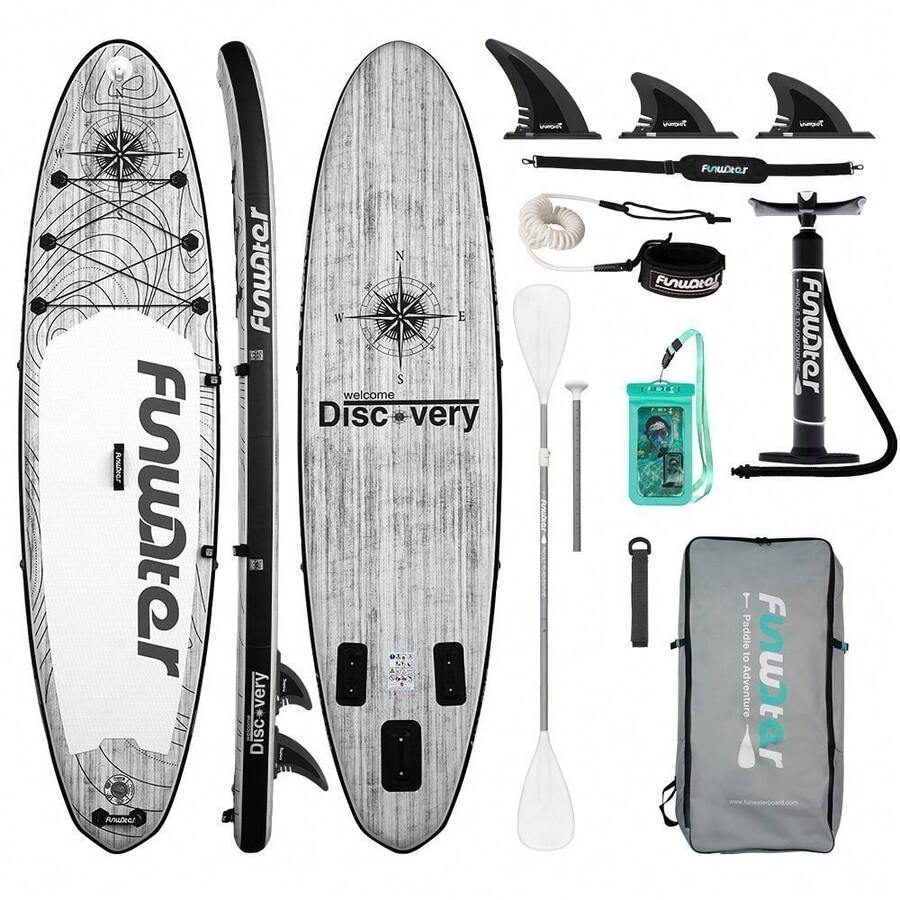 FunWater Tabla de Paddle Stand Up Tabla de Surf Inflable Accesorios Completos para Tabla de Paddle Ajustable, Bomba, Mochila de Viaje ISUP, Correa, Bolsa Impermeable, Tabla de Paddle para Adultos - Disco-Gris - Ver 1