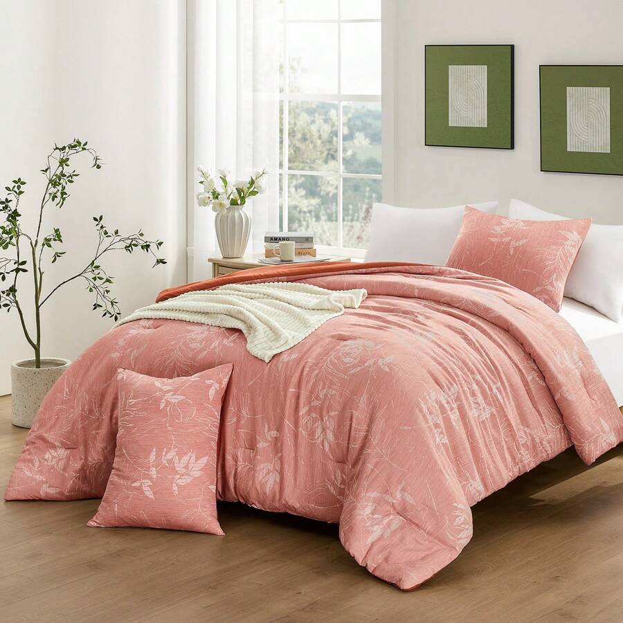 Downluxe Comforter Set - Bedding Comforter Sets, Botanical Flower Comforter, Soft Reversible Floral Comforter And Pillow Sham For All Seasons - 亮橙色 - 查看 1