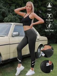 1pc Solid Color Dark Grey Yoga Pants With Pocket, High-Elasticity Running Fitness Yoga Leggings, Women's Sports Clothing - Black - View 2