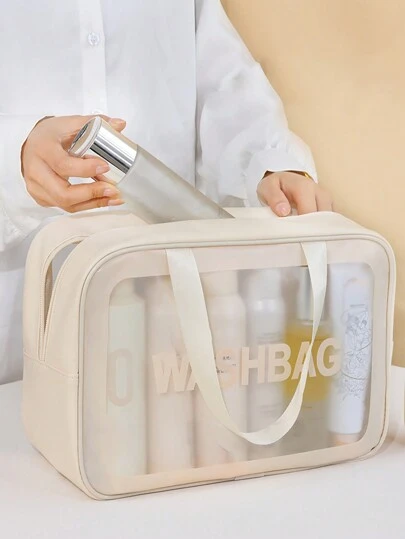 1pc Beige Letter Pattern PU Clear Wash Bag Portable Waterproof Organizer Toiletry Travel Bag Large Capacity Multi-Function Transparency PVC Storage Makeup Bag For Bathroom Portable Swimming Fitness Bag For Men And Women Back To School Supplies