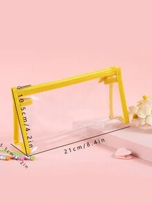 1pc Simple Transparent Pen Bag, Large Capacity And Cute Design, Suitable For Middle And High School Exam Stationery Bag For Girls - Yellow - View 2