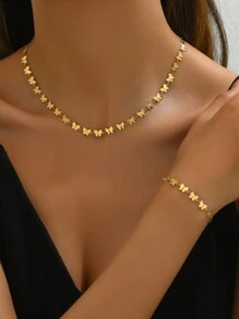 2pcs Stainless Steel Butterfly Chain Necklace And Bracelet Jewelry Set, Retro Fashion Style - Butterfly - View 1