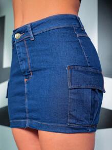 Women's High Waist Twill Cargo Skirt With Lycra Side Pockets Short Butt Lift - 中等水洗藍 - 查看 2