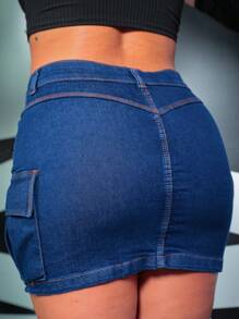 Women's High Waist Twill Cargo Skirt With Lycra Side Pockets Short Butt Lift - 中等水洗藍 - 查看 3