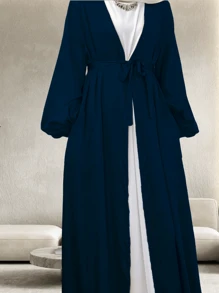 1set Women's Satin Plain Color Elegant Long Robe With Waist Belt, Suitable For Daily Gatherings (Abaya) - Multicolor - View 11