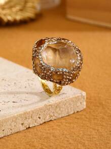 1pc Wide Band Adjustable Natural Crystal Raw Stone & Clay Inlaid Diamond Ring For Women, Party Gift (Random Shape And Color Depth)