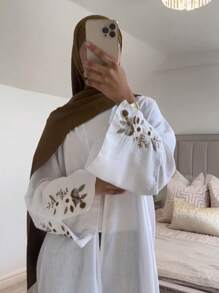 1pc  Elegant Modest Embroidered Moon Kimono Cardigan Shawl Hijab, Suitable For Daily Wear And Festivals - White - View 5