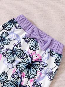 Baby Girl Purple Ribbed Flare Sleeve Bodysuit With Butterfly Patterned Long Pants Four Piece Set, Fall/Winter - Purple - View 3