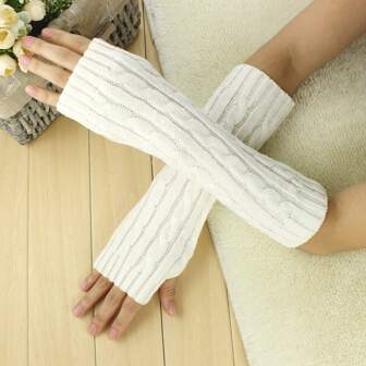 30cm Twisted Knit Gloves, Unisex Long Knitted Wrist Warmers With Half Fingers, Spring, Autumn, Winter