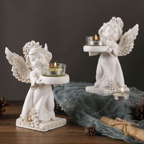 1 pieza Candelero de ángel retro europeo de resina para decoración del hogar y la mesa, decoración romántica para cenas a la luz de las velas, accesorios decorativos, decoración de habitaciones, regalos