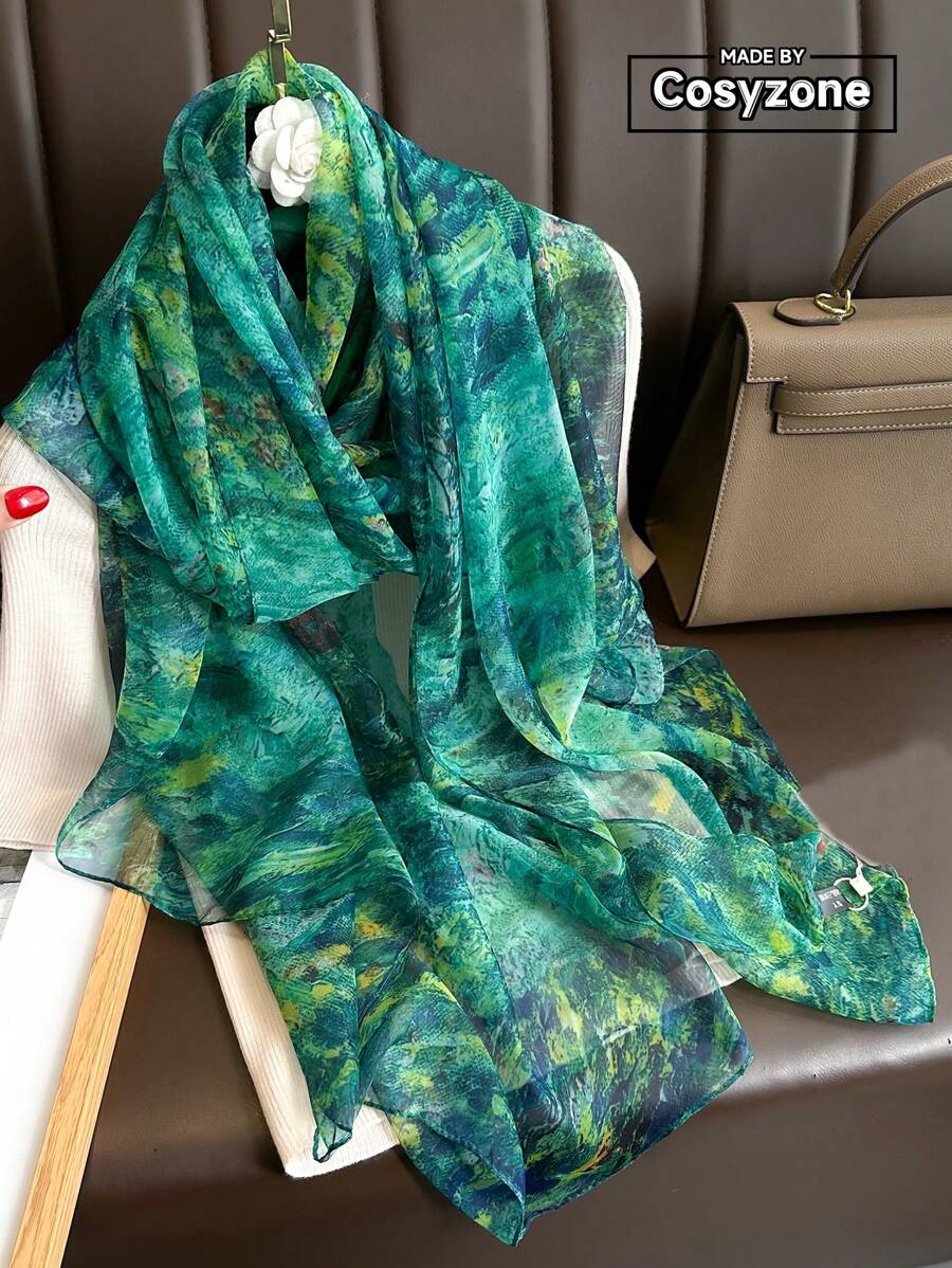 1 pièce Foulard en mousseline de soie imprimé de peinture à l'huile, châle mode été plage femme - Vert - Voir 1