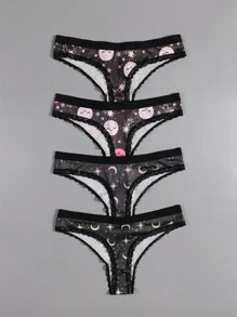 Dircho 4 Stücke Sexy Damen romantische Kontrast-Spitzen Tanga, bohostil schwarzrosa Allover Sterne & Monde & Planeten & Nachthimmel & Lächelnde Gesichter & Halbmondmuster, bequeme seidige Dessous Unterwäsche, Damen Unterwäsche & Lingerie