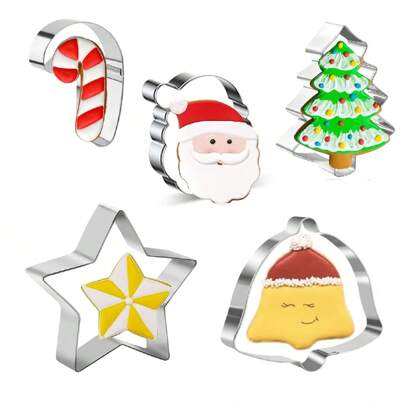 5pcs/Set, Christmas Theme Mold Set, Pentagram, Bell, Christmas Tree Biscuit Mold Set, Baking Mold, Pressing Stainless Steel Biscuit Mold Kitchen Accessories Christmas Decor Christmas Party Favors Christmas Party Supplies Christmas Party Merry Christmas Christmas Eve