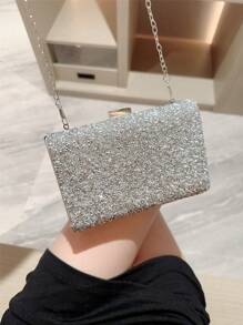 One Shiny Rhinestone Encrusted Box-Shaped Evening Clutch Bag For Women, Elegant Luxury Formal Dress Mini Bag For Romantic Wedding, Bridal, Party, Prom, Chain Shoulder Bag Square Purse, Perfect For Party Wedding Prom Dinner/Banquet, Matching With Holiday Party Dress Evening Dress & Sequin Dress, Perfectly Matching With New Years Outfit, Excellently Matching With Party Dresses For Women, Tready Party Bags,Perfect For Party, Wedding, Prom, Dinner/Banquet, Perfectly Matching With Prom Accessories, Clutch Bag For Wedding - Silver - View 8
