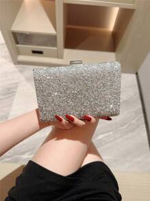 One Shiny Rhinestone Encrusted Box-Shaped Evening Clutch Bag For Women, Elegant Luxury Formal Dress Mini Bag For Romantic Wedding, Bridal, Party, Prom, Chain Shoulder Bag Square Purse, Perfect For Party Wedding Prom Dinner/Banquet, Matching With Holiday Party Dress Evening Dress & Sequin Dress, Perfectly Matching With New Years Outfit, Excellently Matching With Party Dresses For Women, Tready Party Bags,Perfect For Party, Wedding, Prom, Dinner/Banquet, Perfectly Matching With Prom Accessories, Clutch Bag For Wedding - Silver - View 3
