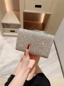One Shiny Rhinestone Encrusted Box-Shaped Evening Clutch Bag For Women, Elegant Luxury Formal Dress Mini Bag For Romantic Wedding, Bridal, Party, Prom, Chain Shoulder Bag Square Purse, Perfect For Party Wedding Prom Dinner/Banquet, Matching With Holiday Party Dress Evening Dress & Sequin Dress, Perfectly Matching With New Years Outfit, Excellently Matching With Party Dresses For Women, Tready Party Bags,Perfect For Party, Wedding, Prom, Dinner/Banquet, Perfectly Matching With Prom Accessories, Clutch Bag For Wedding - Silver - View 2
