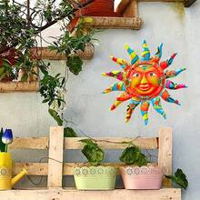 1入28*28cm/11*11in大型快樂新年太陽臉鐵質金屬壁藝，戶外和室內裝飾，圓形設計，庭院裝飾，開齋節穆禮物——耐用、耐候、易於掛起 - 彩色 - 查看 4