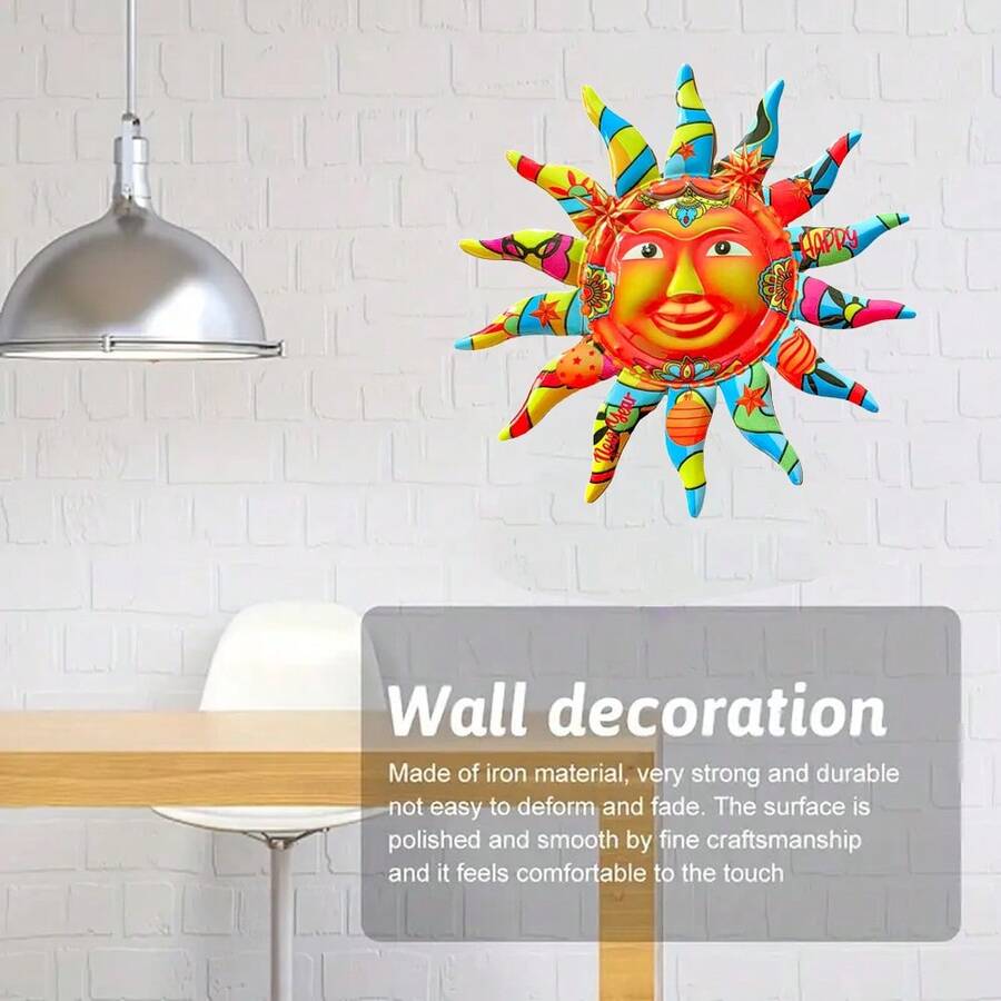 1入28*28cm/11*11in大型快樂新年太陽臉鐵質金屬壁藝，戶外和室內裝飾，圓形設計，庭院裝飾，開齋節穆禮物——耐用、耐候、易於掛起 - 彩色 - 查看 1
