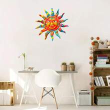 1入28*28cm/11*11in大型快樂新年太陽臉鐵質金屬壁藝，戶外和室內裝飾，圓形設計，庭院裝飾，開齋節穆禮物——耐用、耐候、易於掛起 - 彩色 - 查看 5