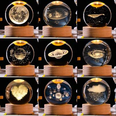 1pc USB Powered 3D Crystal Ball LED Night Light With Wooden Base, Home & Room Decor Night Lamp, Solar System, Moon, Galaxy, Saturn Pattern 3D Night Light, Indoor Tabletop Decorative Lamp, Valentine's Day & Birthday Gift For Friends And Classmates