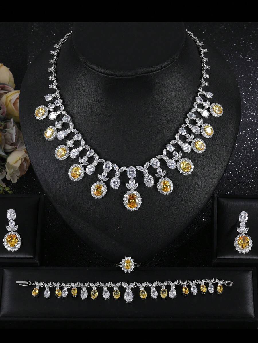 1套5件歐式風格豪華圓形方形鋯石項鍊、耳環、手鐲和戒指,適合女性在節日佩戴