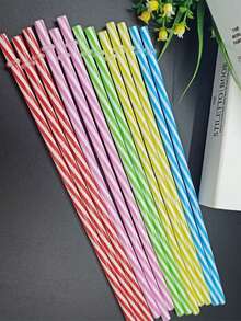 5 Striped Hard Plastic Straight Straws, Reusable Colorful Hard Straws With Buckles To Prevent Them From Falling Off. School Supplies,Back To School - Multicolor - View 1