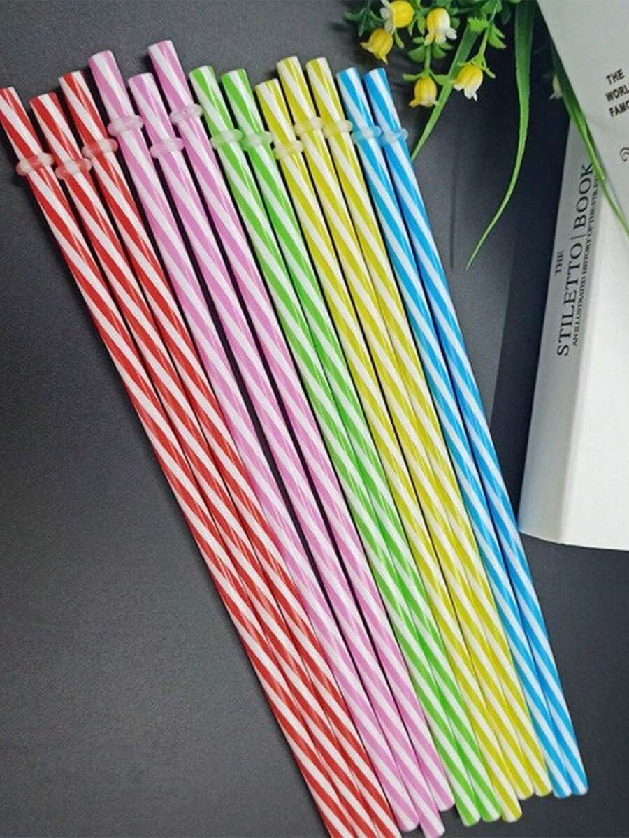 5 Striped Hard Plastic Straight Straws, Reusable Colorful Hard Straws With Buckles To Prevent Them From Falling Off. School Supplies,Back To School - Multicolor - View 1