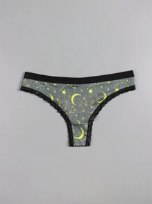 Dircho 4pcs Sexy Women Romantic Contrast Lace Thongs, Boho Style Allover Stars & Moons & Planet & Night Sky & Crescent Print Comfy Silky Intimates Panties, Women's Underwear & Lingerie - Multicolor - View 10