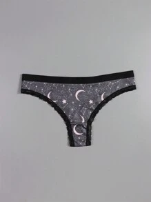Dircho 4pcs Sexy Women Romantic Contrast Lace Thongs, Boho Style Allover Stars & Moons & Planet & Night Sky & Crescent Print Comfy Silky Intimates Panties, Women's Underwear & Lingerie - Multicolor - View 3