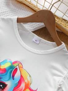 Young Girl Cartoon Unicorn Print Cap Sleeve Top And Shorts Set, Spring/Summer - Multicolor - View 3
