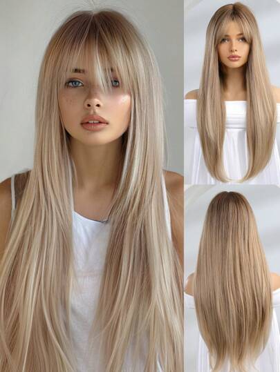 26 Inch Gradient Straight Hair Wigs With Bangs Synthetic Fiber Hair Replacement Wigs For Women Girls
