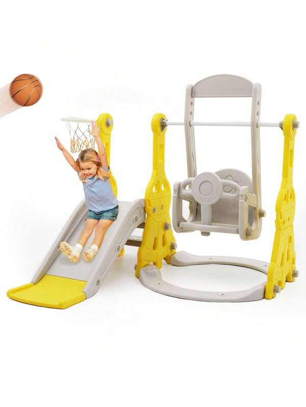 Toddler Slide And Swing Set 4 In 1 Baby Slide Climber Playse With Swing Slide Climber And Basketball Kids Slide And Swing Set Indoor Outdoor Backyard Baby Playground Toy For Toddlers (Blue)