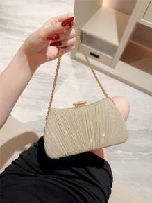 An Elegant Metal Wire Box Shape Evening Clutch Bag, Fashioned With Metal Chain Decoration, For Parties, Formal Functions, Proms And Evening Gowns, Party Bag Perfect For Party Wedding Prom Dinner/Banquet Matching With Holiday Party Dress Evening Dress & Sequin Dress, Perfectly Matching With Prom Accessories - Gold - View 5